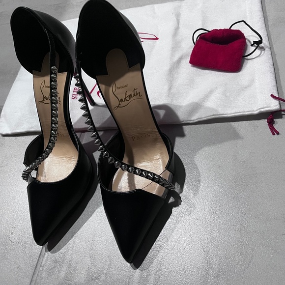 Christian Louboutin Spike Cross 100 Black PVC Silver Criss Strap Heel Pump 35.5 - Picture 3 of 9
